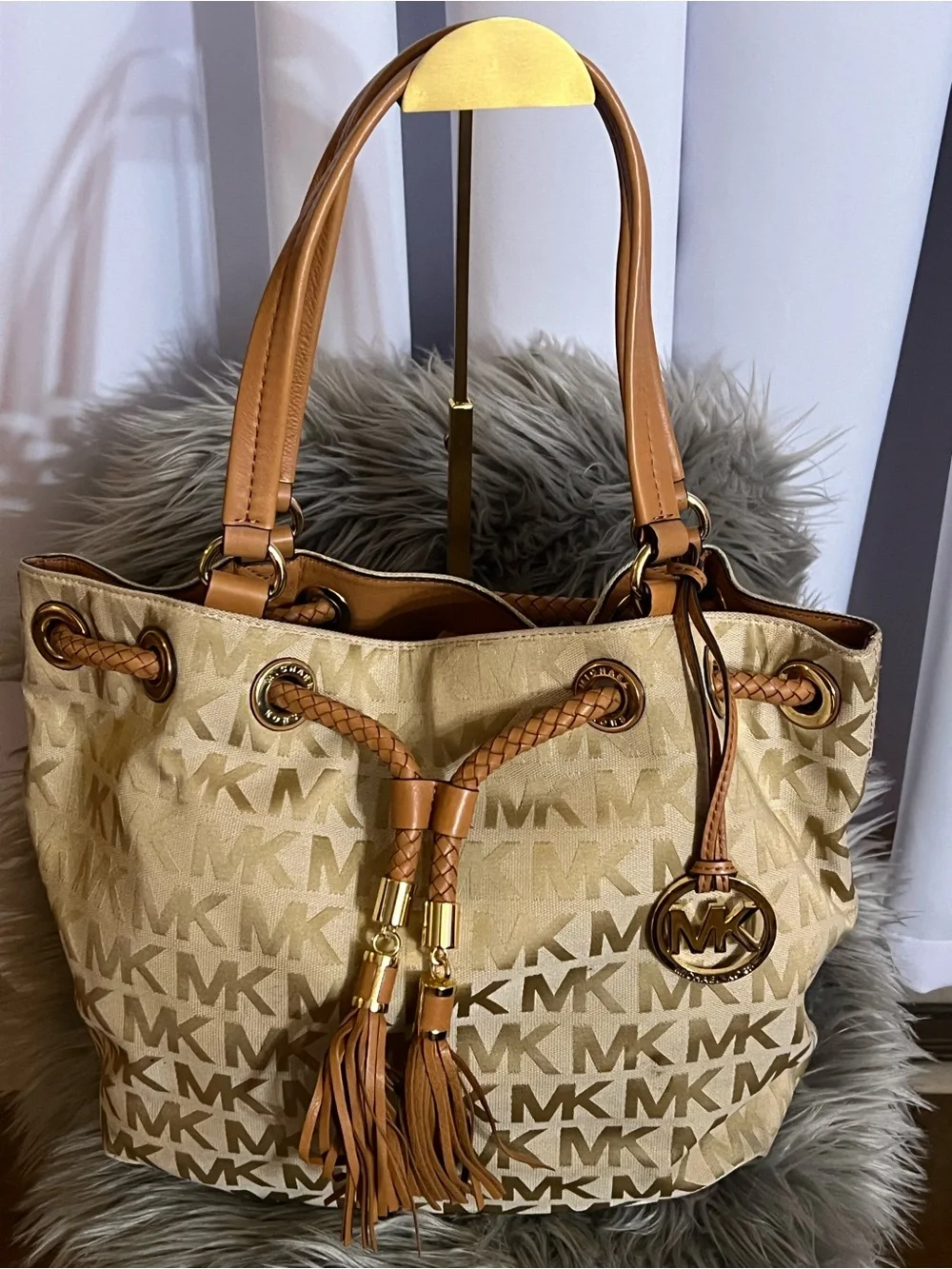 Michael Kors Tan & Cream Logo Drawstring Tote